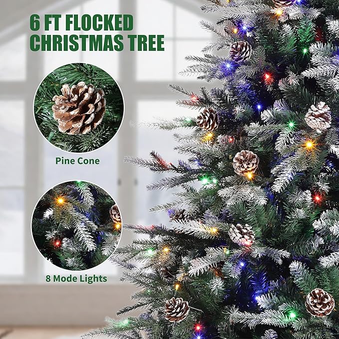 6 FT Snow Flocked Christmas Tree with 300 Warm Lights-8 Modes, Prelit Christmas Trees with Pine Cone & Gloves, Metal Folding Stand, Full Artificial Xmars Tree for Home Decor, Norway Spruce, Green