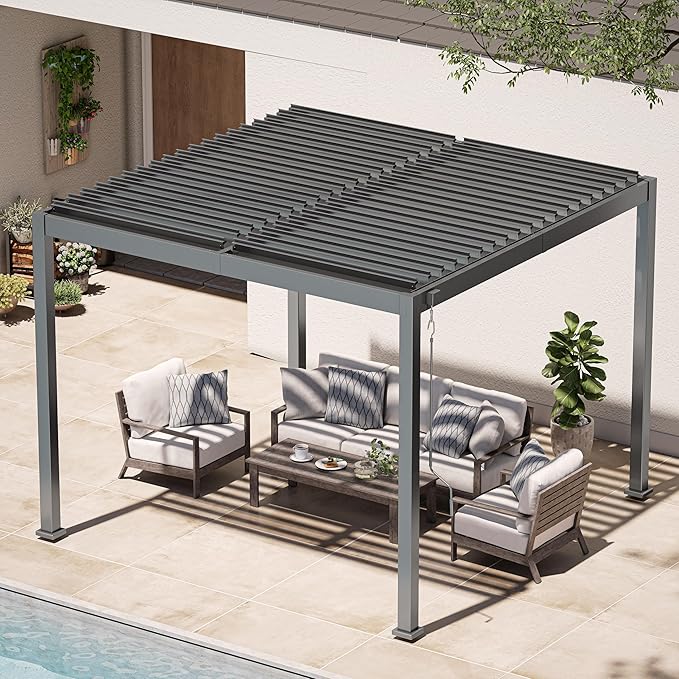 Louvered Pergola, 10 x 10 Aluminum Pergola, Outdoor Modern Design with Adjustable Roof and Hidden Drainage System, Durable for Gardens,Garden Yard, Deck (Dark Gray, 10x10)