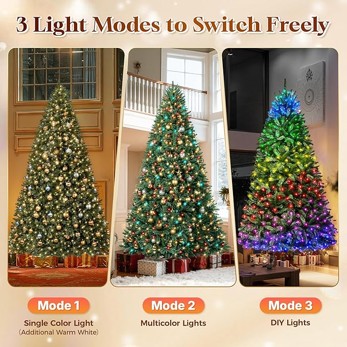 HOLLO STAR 9 ft Prelit Christmas Tree with 589 LED Lights, App Control, Artificial Christmas Tree with Multi-Color RGBW Lights, 2117 Branch Tips, Metal Base, Easy to Assemble, for Home, Party