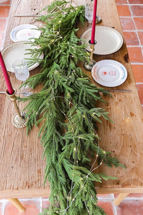 MISSPIN 14ft Christmas Garland with LED Lights, Real Touch Norfolk Pine Garland, Green Artificial Greenery Garland for Table, Mantle, String Light, Wall, Indoor, Outdoor Christmas Decorations