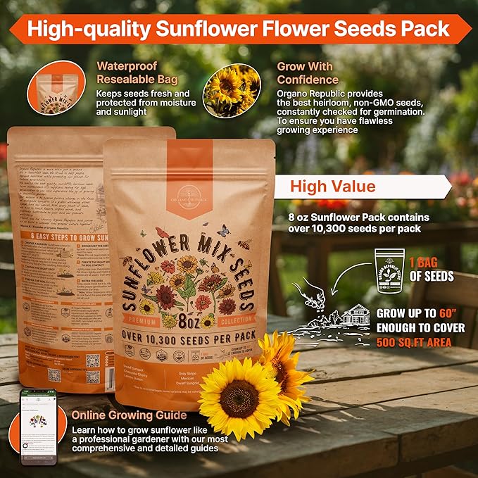Sunflower Mix Seeds Pack 8 oz - Over 10,300 Non-GMO Heirloom Sunflower Seeds for Planting, Annual Flowers in Individual Seed Packet for Planting Home Garden Indoor & Outdoor Gardening