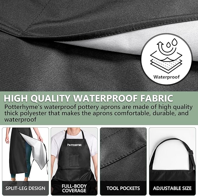 Reusable Full Coverage Waterproof Pottery Apron Split Leg - 100% Lined Polyester Apron For Men & Women - For Ceramic Wheel Throwing, Woodturning, Painting, and Clay or Tattoo Artists