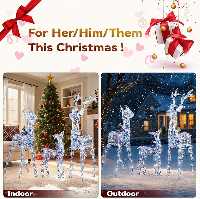 3-Piece Iridescent Christmas Deer Outdoor Decorations, 4.5ft Reindeer Family Set Outdoor Lighted Display with 350 LEDs, 2025 Upgraded Rattan, Stakes & Zip Ties for Long-Lasting Yard Garden Decor