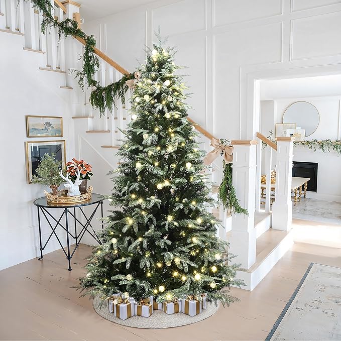 LuxenHome 6.5FT Prelit Christmas Tree with Lights, Green Flocked Artificial Christmas Tree with 350 LED Globe Lights, 1473 PE+PVC Branch Tips, Plug-in Prelit Pine Tree Indoor, Outdoor Holiday Décor