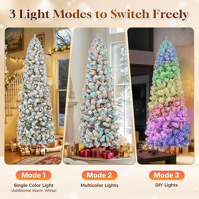 HOLLO STAR 7.5 ft Flocked Prelit Christmas Tree with 348 LED Lights, App Control, Skinny Artificial Pencil Christmas Tree, Multi-Color RGBW Lights, 960 Branch Tips, for Small Space, Home, Party