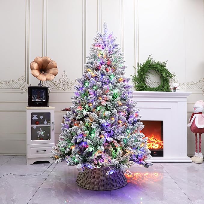 Pre-Lit Christmas Tree Artificial Snow Flocked Pine Tree Warm-White & Multicolored Lights, 8 Mode Functions,Metal Base,Home, Party Decoration 7FT