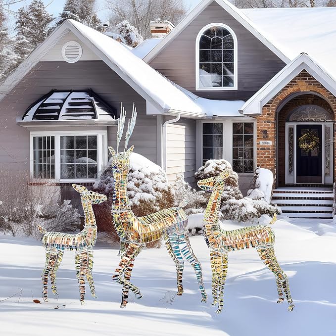 AWQM 3-Piece Lighted Christmas Reindeer, Christmas Deer Family Set, 50+80+100 LED Lights, Indoor or Outdoor Christmas Holiday Decoration for Yards Garden Lawn Patio Light Up Display, Iridescent