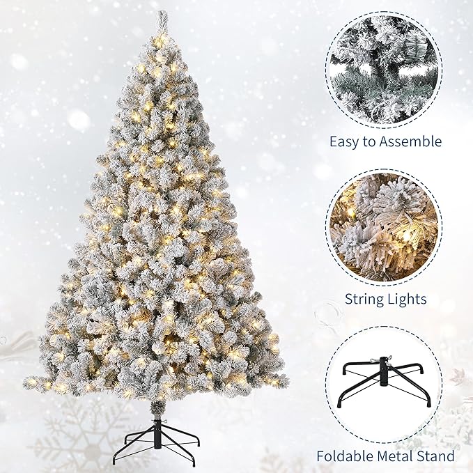 GarveeHome 7.5ft Prelit Artificial Christmas Tree with Warm White Lights, Snow Flocked Full Xmas Tree with 1050 Branch Tips, 450 LED Lights & Foldable Stand, Green & White Christmas Decorations