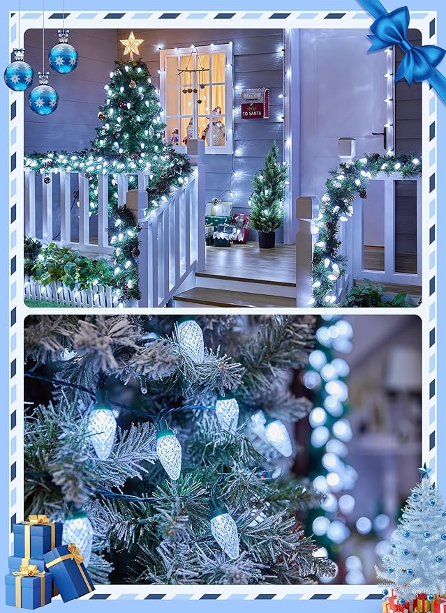 Brightown C9 Christmas Lights Outdoor, 114FT 150 LED Pure White String Lights with Timer, 8 Modes, Plug-in UL Listed Waterproof Connectable Christmas Tree Lights for House, Roof, Garden, Patio Decor