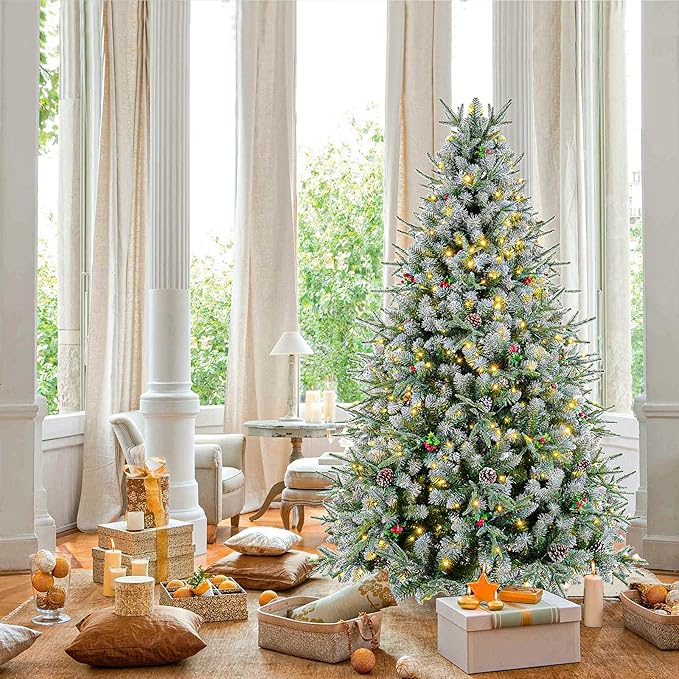 SHareconn 6.5ft Pre-Lit Flocked Spruce Artificial Hinged Christmas Tree with Remote, Timer and 400 Warm White & Multi-Color Lights, 1062 Branch Tips, Perfect Choice for Xmas Decoration, 6.5 FT, White