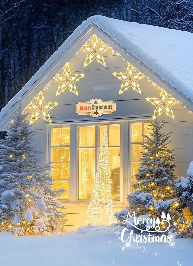 Christmas Pathway Lights Outdoor, 10 Large Outside Christmas Star Lights Decorations for Yard, Waterproof Stake Decorative Star Light for Sidewalk Lawn Path Walkway Driveway Marker, Warm White