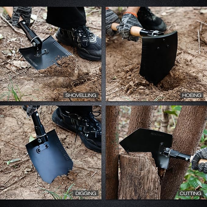 REDCAMP 23" Forces Spetsnaz Shovel, Tactical Entrenching Tool Hardwood Handle Shovel, Military Folding Camping Shovel for Camping Hiking Gardening Beach, Black