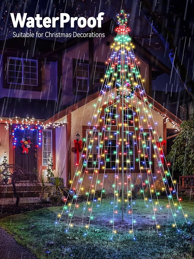 Lomotech Color Changing Christmas Tree Lights - 16Ft 664 LED with 10.5" Topper, Remote Controll Waterproof Iron Pole Waterfall Lights for Outdoor Christmas Decorations (White to Multicolor)
