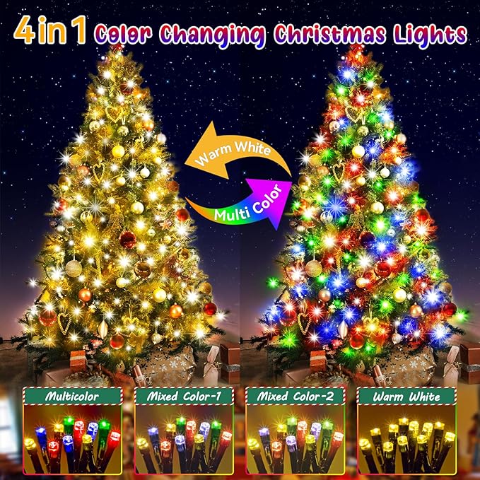 Hezbjiti 108 FT 300 LED Color Changing Christmas Lights Outdoor, 11 Modes String Lights IP44 Waterproof Fairy Lights for Party Tree Yard Porch Wedding (Warm White to Multicolor, Green Wire)