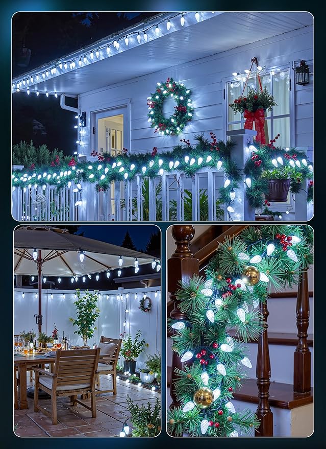C9 LED Christmas Lights Outdoor, 33 FT 50 LED C9 String Lights, 8 Modes & Timer Connectable Waterproof for Christmas Tree Light Indoor Outdoor Roofline Patio Outside Garden Yard Xmas Decoration, White