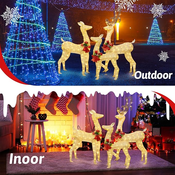 Shintenchi 3-Piece LED Lighted Christmas Deer Outdoor Yard Decorations, 3D Super Large Christmas Reindeer Decor, Outdoor Lighted Holiday Deer with 360 LED Displays for Front Yards Garden Lawn Patio