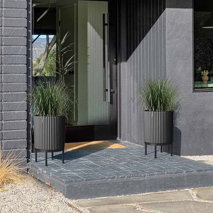 Veradek Demi Series Round Planter w/Stand for Porch/Patio | Durable Plastic-Stone Composite & Wooden Stand | Modern Décor for Tall Plants, Flowers