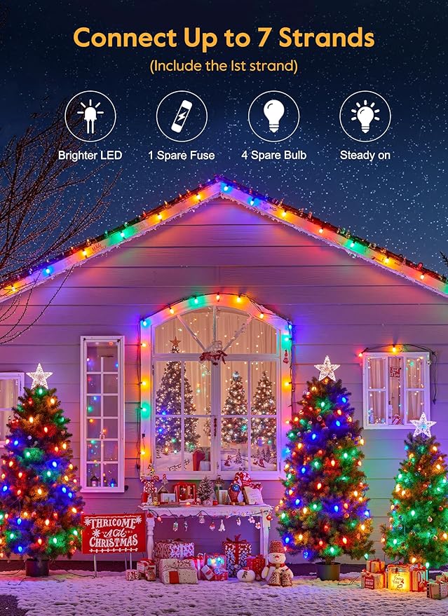 Vintage C9 LED Christmas Lights Outdoor, 100 Feet C9 String Lights with 100 Shatterproof C9 Bulbs, Waterproof Connectable Commercial Christmas Tree Lights for Outside Roofline Patio Decor, Multicolor