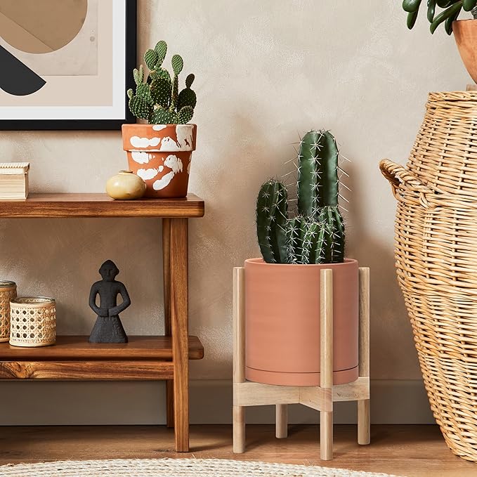 D'vine Dev Terracotta Planter with Natural Stand - 10 Inch Modern Round Flower Pot with Wood Planter Holder, Terracotta, 55-B-K-5