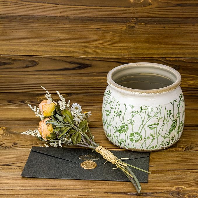 Vintage Ceramic Ice Crack Flower Pot with Drainage Holes, Country Rustic Planters for Indoor and Outdoor,Tuscan Decor,Home,Living Room, Garden Decor, Gardening Gift (Asian)