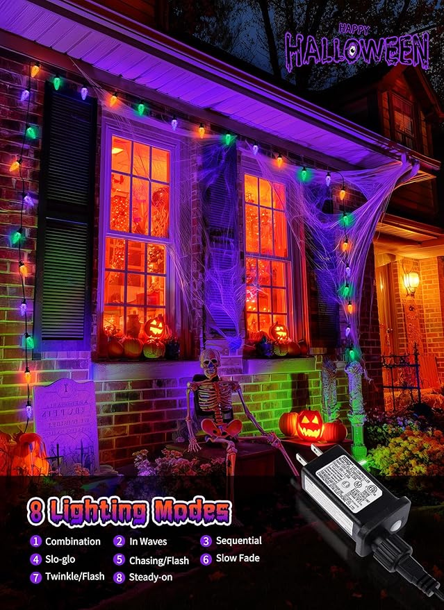 Brightown Halloween C9 LED String Lights, 114FT 150 LED Orange Purple and Green Halloween Lights with Timer & 8 Modes, Plug-in Waterproof Outdoor Lighting for House Patio Yard Porch Roof