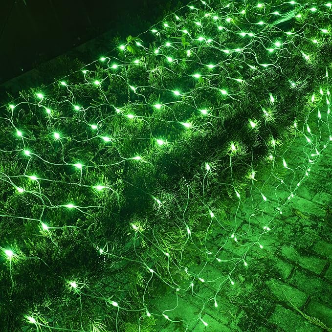 Dazzle Bright St. Patrick's Day 200 LED Net Lights, 9.8 FT x 6.6 FT Connectable Mesh Lights Clear Wire with 8 Lighting Modes, Christmas Decorations for Indoor Outdoor Bush Yard Garden Decor (Green)