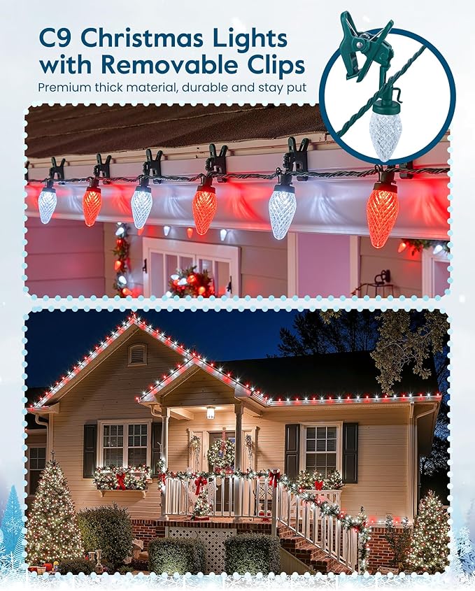 C9 LED Christmas Lights Outdoor with 100 Spring Clips, 81FT 100 LED C9 String Lights Waterproof Connectable Commercial Grade for Outside Roofline Patio House Yard Windows Christmas Decor, Red White