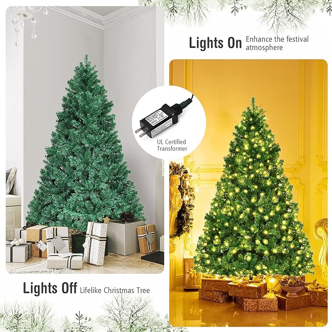 7ft Prelit Christmas Tree, Indoor Xmas Tree w/ 1096 PVC Branch, Pre-Strung 300 Warm White LED Lights & Metal Hinge,Easy Set Up, Artificial Christmas Tree for Home, Holiday, Party Decoration
