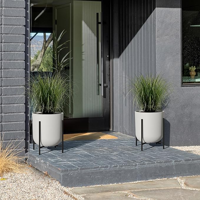 Veradek Mason Series Raised Lima Planter - Round Planter for Patio/Balcony | Plastic-Stone Composite w/Metal Plant Stand | Modern Décor for Plants