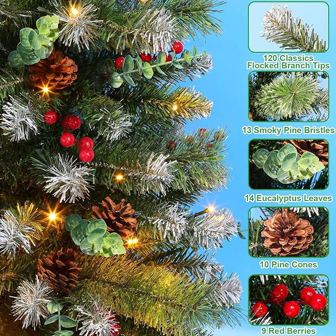2 Set 4Ft Snowy Outdoor Christmas Entrance Tree with Timer 60 Warm Lights Battery Operated,120 Branches Tips,14 Eucalyptus,13 Smoky Pine Bristle Leaves,10 Pine Cones,9 Red Berries for Porch Front Door