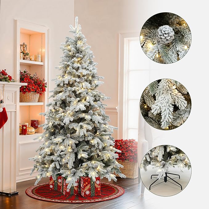 LuxenHome 6FT Christmas Tree with Lights, Full Flocked Artificial Christmas Tree with Pine Cone, 280 LED Lights, and Snow Flocked Branches, Prelit Pine Tree for Indoor, Outdoor Holiday Décor