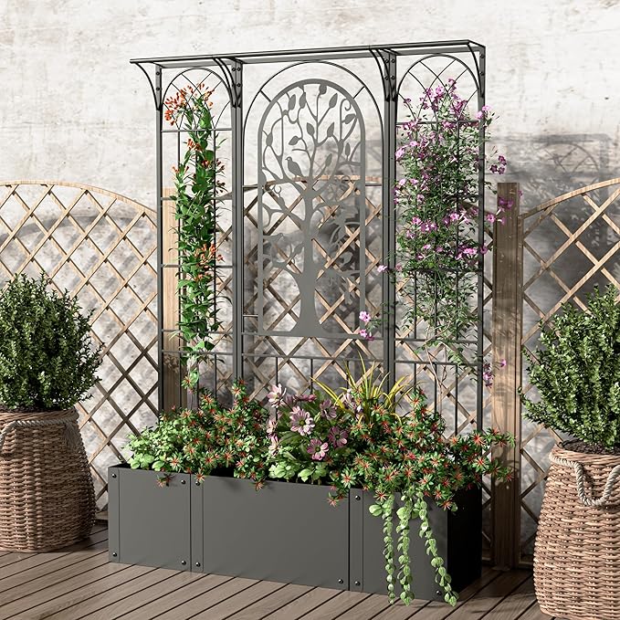 Metal Planter Box with Trellis, Raised Garden Bed with Trellis Privacy Screen, 62 inch Tall Planter Boxes for Climbing Plants, Flowers, Vegetables, Fruits, Balcony and Patio Decor (Black)