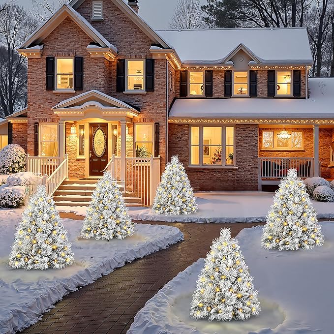 Set of 1 30 Inch Lighted Flocked Outdoor Christmas Tree with Multi-Color Lights, Timer, Battery Operated Pre-lit Scotch Pine Pathway Urn Filler with Pine Cones for Pathway & Porch& Yard Decorations