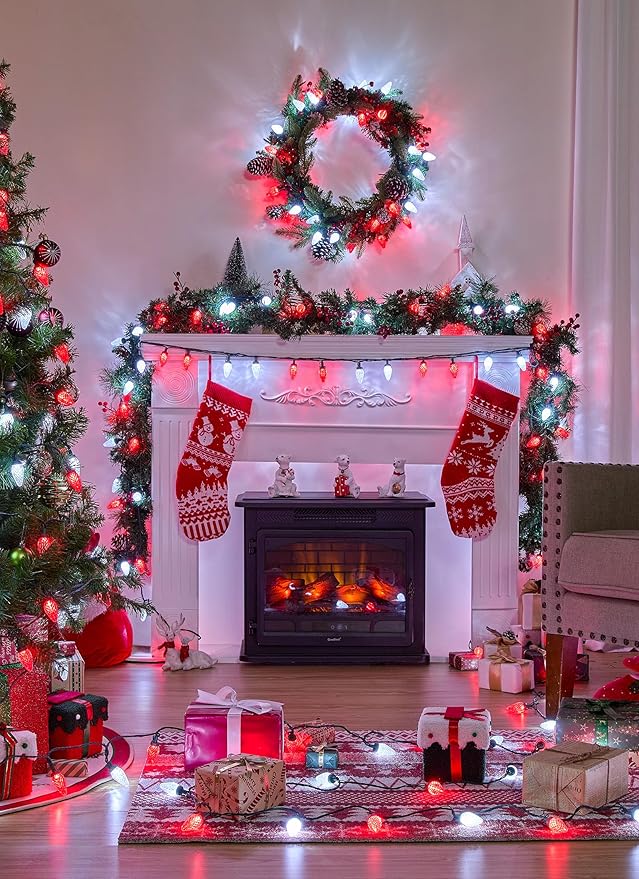 Brightown C9 Christmas Lights Outdoor, 114FT 150 LED Red and Pure White String Lights with Timer, 8 Modes, UL Listed Waterproof Connectable Christmas Tree Lights for House, Roof, Garden, Patio Decor