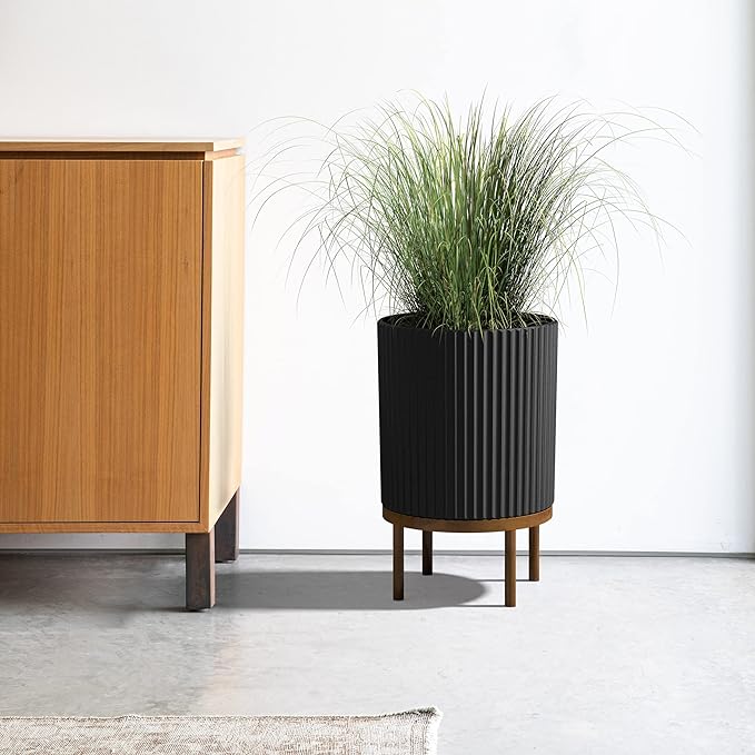 Veradek Demi Series Round Planter w/ Stand for Porch/Patio | Durable Plastic-Concrete & Wooden Stand | Modern Décor for Tall Plants, Flowers