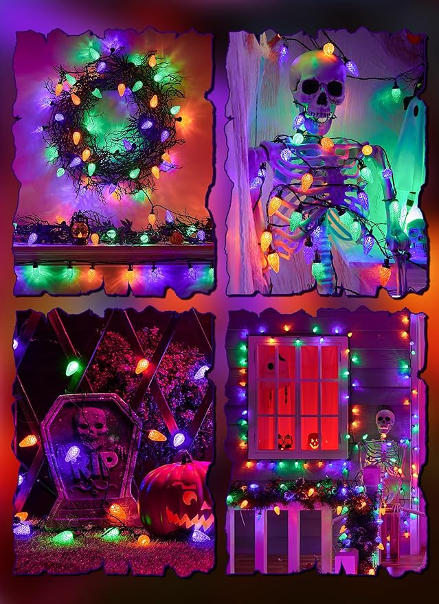 Brightown Halloween C9 LED String Lights, 114FT 150 LED Orange Purple and Green Halloween Lights with Timer & 8 Modes, Plug-in Waterproof Outdoor Lighting for House Patio Yard Porch Roof