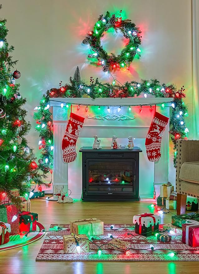 Brightown C9 Christmas Lights Outdoor, 114FT 150 LED String Lights with Timer, 8 Modes, UL Listed Waterproof Christmas Tree Lights for House Roof Garden Patio Decor, Red Green and Pure White