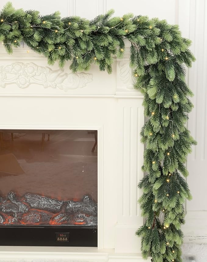 PARTY JOY 6FT Christmas Garland with LED String Lights, Artificial Pine Cypress Garland, Christmas Decorations Table Mantle Background Wall Room Winter Garland Outdoor Indoor Christmas Decor