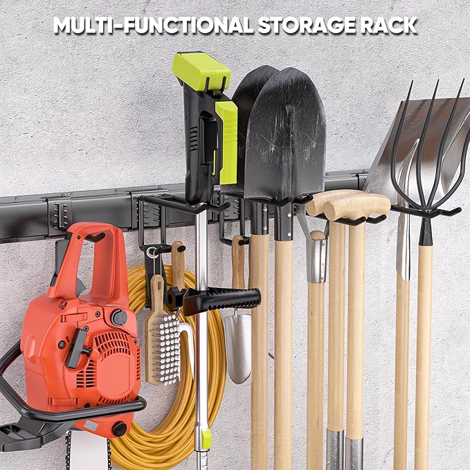 Garden Tool Organizer Wall Mount, 96 inches Tool Storage Rack with Adjustable Hooks, 600lbs Adjustable Heavy Duty Metal Hooks, Yard Shed Rack Holder System Hanging Rake Broom Mop Snowboard, Men Gift