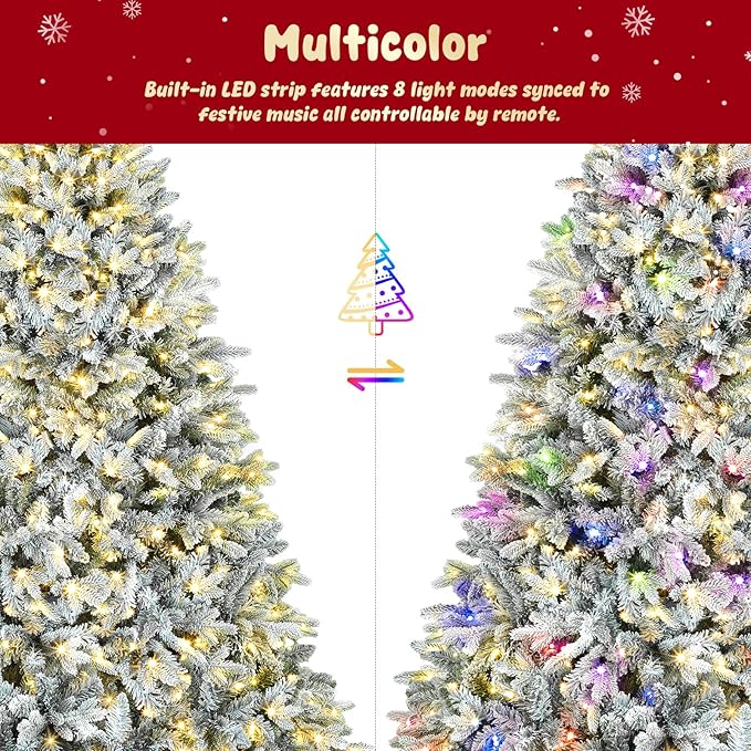 Thalassophile 7.5ft Pre-Lit Flocked Christmas Tree with Rotating Stand, Prelit Rotating Artificial Hinged Xmas Tree with Remote, 470 Lights Warm White & Multi Color, 1470 Branch Tips, Snow Flocked