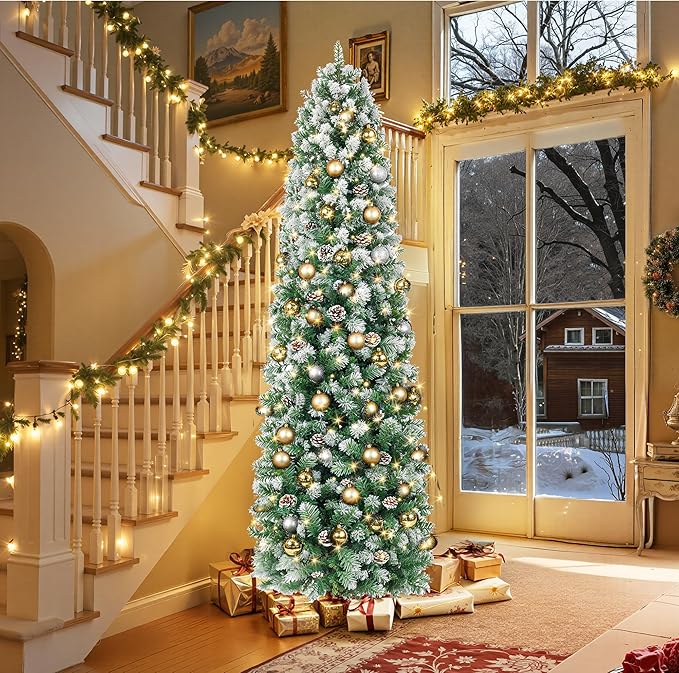 HOLLO STAR 7.5 ft Prelit Christmas Tree with 304 LED Lights, App Control, Slim Pencil Christmas Tree, Multi-Color RGBW Lights, 950 Flocked Frosted Tips, Xmas Tree, 72 Pine Cones, for Home, Party