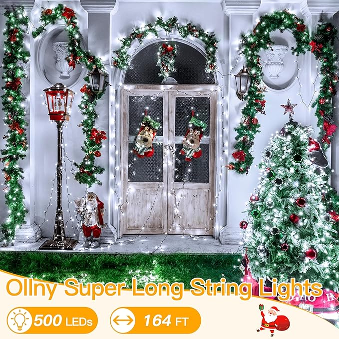 Ollny 500LED 164FT Long Christmas Tree Lights with 8 Modes Remote Timer IP44 Waterproof, Outdoor Christmas Lights for Tree House Yard Outside Xmas Decorations White