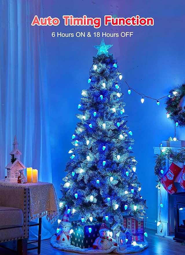 C9 Christmas Lights Outdoor Waterproof, 81 Feet 100 LED C9 String Lights with Timer & 8 Light Mode, Connectable Christmas Tree Lights for Indoor Outside Roofline Patio Decoration, Blue & Pure White