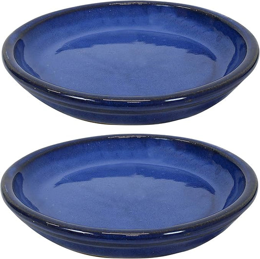 Sunnydaze 7-Inch Ceramic Plant Saucers - Plant Drip Trays for Outdoor Planter Flower Pot Drainage - Set of 2 - Imperial Blue