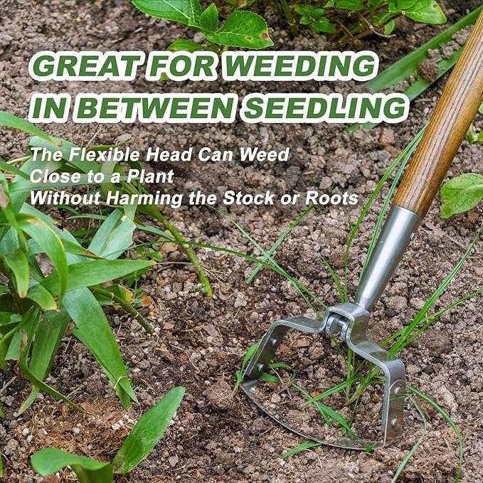 Haliaeetus Hula Hoe, 58'' Stainless Steel Stirrup Hoe, Action Hoe for Weeding in Push-Pull Motion, Scuffle Hoe with Comfortable Wood Long Handle for Standing to Weed on Flower Bed and Between Plants