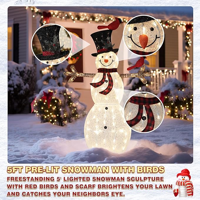 5FT Lighted Snowman with Birds for Christmas Decoration, 3D Pre-Lit Iridescent Snowman Xmas Decor with 90 LED Lights, Glittered Standing Holiday Display for Outdoor, Indoor