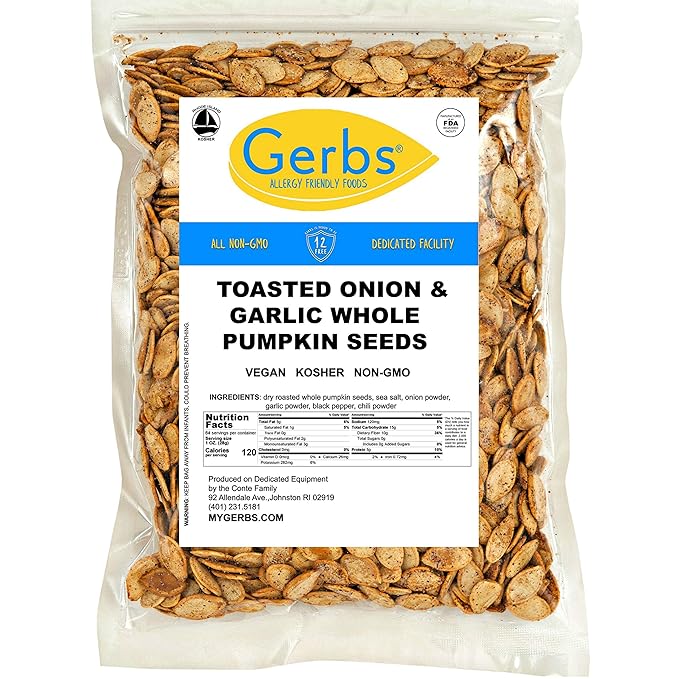 Gerbs Toasted Onion & Garlic Whole Pumpkin Seeds 4 lbs. | Small Batch Roasted, In-Shell, 10.5 mm Size, Resealable Bag | Bold & Savory Crunch | Top 14 Allergen-Free