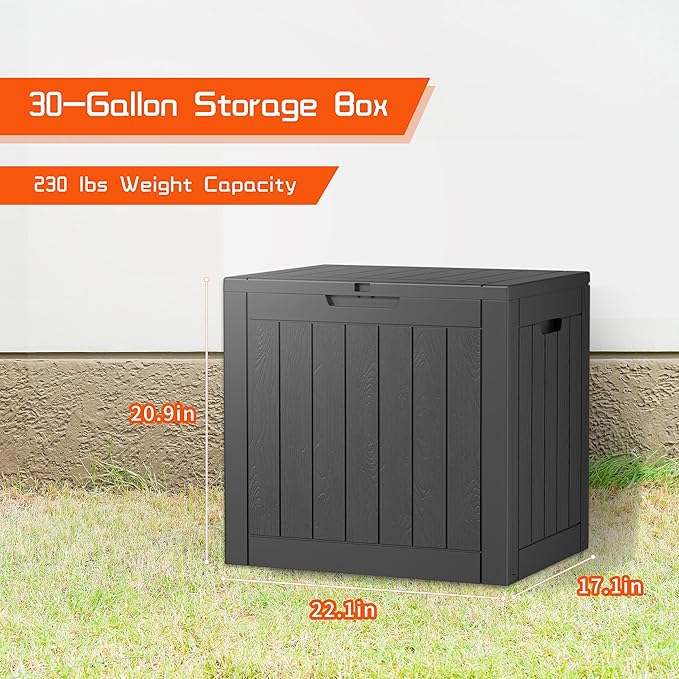 30 GallonOutdoor Storage Box,Resin Deck Boxes Waterproof, IndoorOutdoor Bin for Package Delivery, Patio Cushions, Gardening Tools, Lockable, UV Resistant