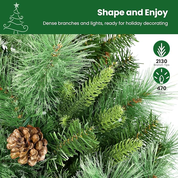 SHareconn 7.5ft Prelit Artificial Hinged Christmas Pine Tree with Remote Control, Upgraded Version with Pre-Lit 470 Led Color Changing RGB Lights, Pine Cones, Perfect Choice for Xmas Decoration, 7.5FT