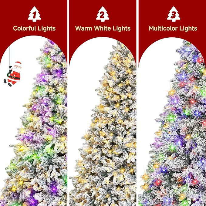 Pre-Lit Artificial Christmas Tree, 7.5FT Snow Flocked Full Appearance Pine Xmas Tree with Rotating Metal Stand, 470 Warm & Multi-Color LED Lights with Music Function for Holiday Decoration